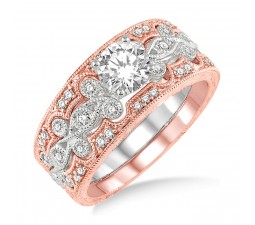 1.00 Carat Vintage Trio Bridal Set Engagement Ring with Princess Diamond in 10k White and Rose Gold