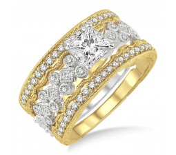 1.50 Carat Antique Trio Bridal Set Engagement Ring with Princess Diamond in 10k White and Yellow Gold