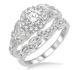 1.00 Carat Vintage floral Bridal Set Engagement Ring with Round Diamond in 10k White Gold