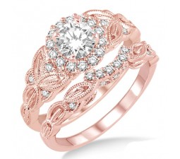 1.00 Carat Vintage floral Bridal Set Engagement Ring with Round Diamond in 10k Rose Gold