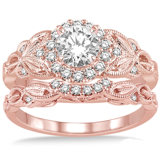 1.00 Carat Vintage floral Bridal Set Engagement Ring with