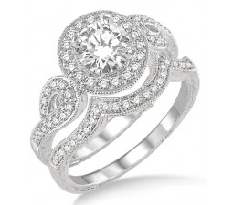 2.00 Carat Antique Halo Bridal Set Engagement Ring with Round Cut Diamond in 10k white Gold