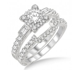 1.00 Carat Vintage floral Bridal Set Engagement Ring with Round Diamond in 10k white Gold
