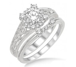 1.00 Carat Vintage halo floral Bridal Set Engagement Ring with Round Diamond in 10k white Gold