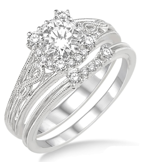 1.00 Carat Vintage halo floral Bridal Set Engagement Ring with Round ...