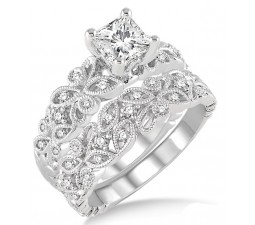 1.00 Carat Infinity Floral Antique Bridal set in Princess cut diamond in 10k white gold