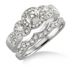 1.00 Carat Halo Bridal Set with Round Cut Diamond in 10k white Gold