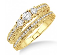 1.00 carat Antique Milgrain Bridal set with Round Cut diamond in 10k Yellow Gold