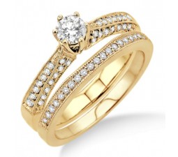 1.50 Carat Antique Bridal Set Engagement Ring with Round Cut Diamond in 10k Y ellow Gold