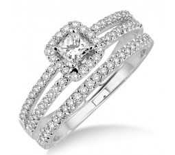 1.25 Carat Bridal Set two row halo with Princess Cut Diamond in 10k white Gold
