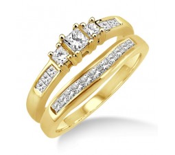 0.5 Carat Elegant Three Stone Trilogy Princess Cut Bridal set in 10k Yellow Gold
