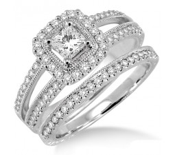 2.00 carat Antique Bridal set Halo Ring with Round Cut diamond in 10k White Gold