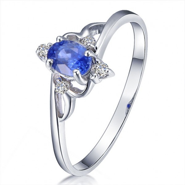 Sapphire with Diamond Engagement Ring on 10k White Gold - JeenJewels