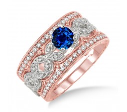 2 Carat Sapphire and Diamond Antique Trio Bridal Set Engagement Ring  on 10k White Gold 