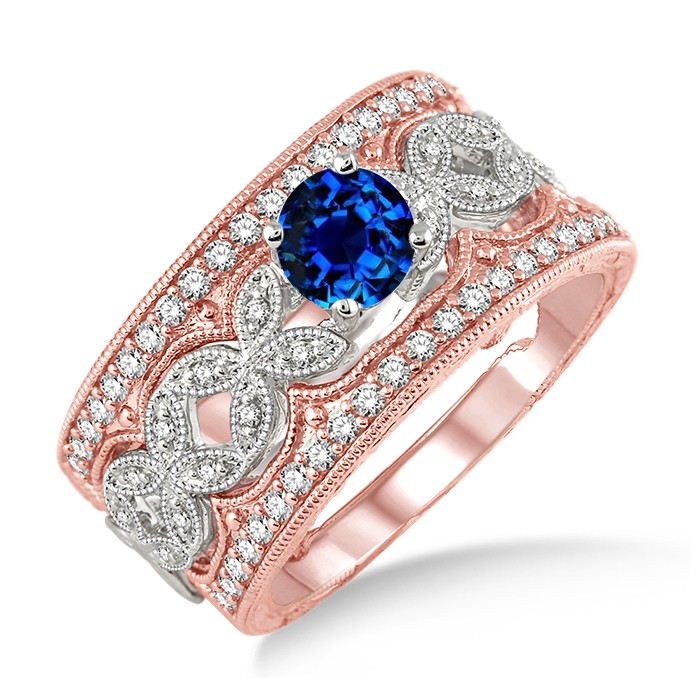 2 Carat Sapphire and Diamond Antique Trio Bridal Set Engagement Ring on ...
