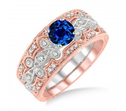 1.5 Carat Sapphire and Diamond Vintage Trio Bridal Set Engagement Ring  on 10k White Gold 