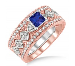 2 Carat Sapphire and Diamond Antique Trio Bridal Set Engagement Ring  on 10k White Gold 