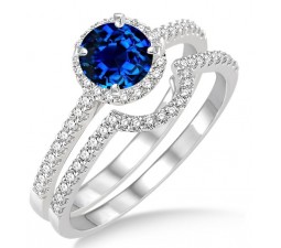 2 Carat Sapphire and Diamond Halo Bridal Set Engagement Ring  on 10k White Gold