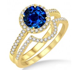 2 Carat Sapphire and Diamond Halo Bridal Set Engagement Ring on 10k Yellow Gold