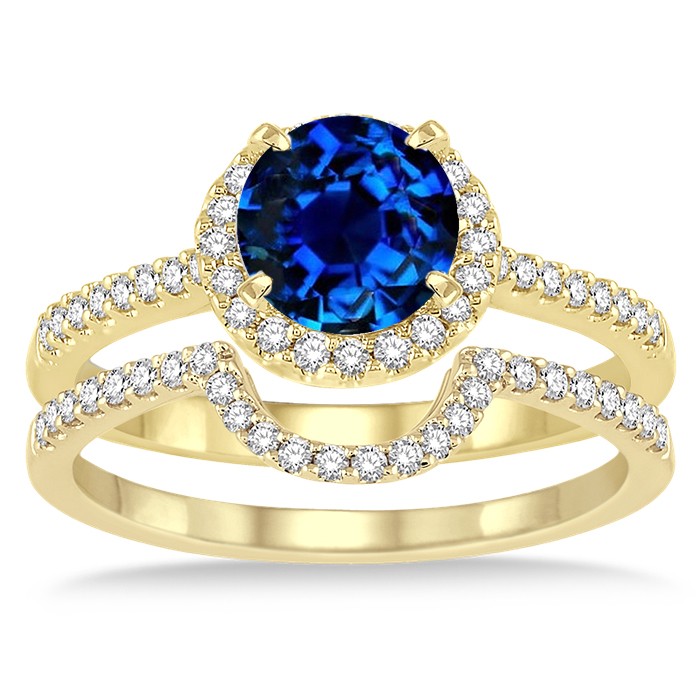2 Carat Sapphire and Diamond Halo Bridal Set Engagement Ring on 10k ...