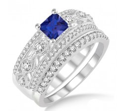 1.5 Carat Sapphire and Diamond Antique Bridal Set Engagement Ring on 10k White Gold