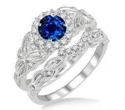 1.25 Carat Sapphire and Diamond Vintage floral Bridal Set Engagement Ring  on 10k White Gold