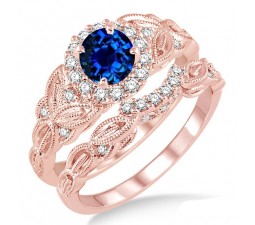 1.25 Carat Sapphire and Diamond Vintage floral Bridal Set Engagement Ring on 10k Rose Gold