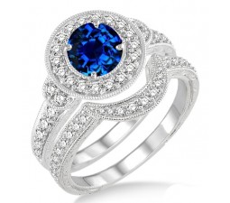 1.5 Carat Sapphire and Diamond Antique Halo Bridal Set Engagement Ring  on 10k White Gold
