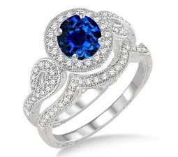 1.5 Carat Sapphire and Diamond Antique Halo Bridal Set Engagement Ring  on 10k White Gold