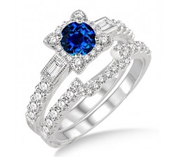 1.5 Carat Sapphire and Diamond Vintage floral Bridal Set Engagement Ring  on 10k White Gold