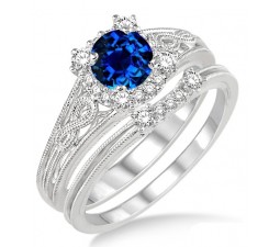 1.25 Carat Sapphire and Diamond Vintage halo floral Bridal Set Engagement Ring  on 10k White Gold