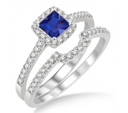 1.5 Carat Sapphire and Diamond Halo Bridal Set  on 10k White Gold