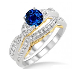 1.25 Carat Sapphire and Diamond two tone bridal setround cut diamond on 10k White Gold 