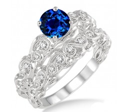 1.25 Carat Sapphire and Diamond Infinity Antique Bridal setround cut diamond on 10k White Gold