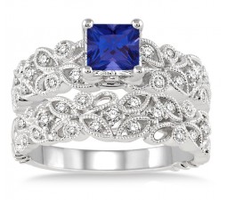 1.5 Carat Sapphire and Diamond Infinity Floral Antique Bridal setRound cut diamond on 10k White Gold