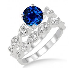 1.5 Carat Sapphire and Diamond inertwined Bridal setRound cut diamond on 10k White Gold