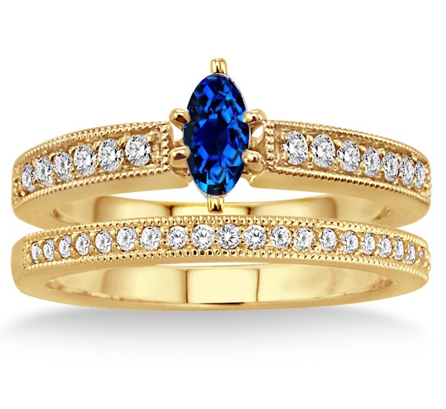 1.5 Carat Sapphire and Diamond Bridal Set on 10k Yellow Gold - JeenJewels