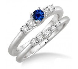 1.25 Carat Sapphire and Diamond Inexpensive Bridal Set  on 10k White Gold