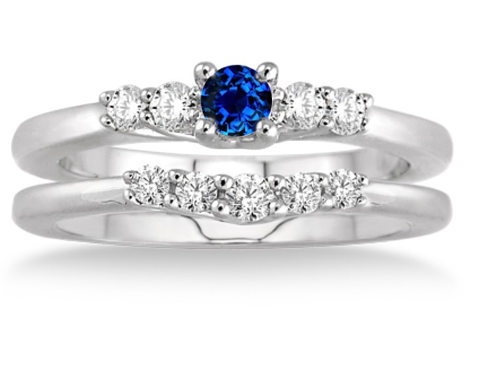 10K White Gold Engagement Ring Set - Round Blue Sapphire & White Diamond Swirl (Size 10) - View #7