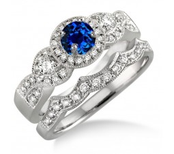 1.5 Carat Sapphire and Diamond Halo Bridal Set  on 10k White Gold