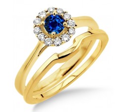 1.25 Carat Sapphire and Diamond Bridal set Halo  on 10k Yellow Gold