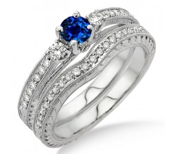 1.5 Carat Sapphire and Diamond Antique Bridal set  on 10k White Gold