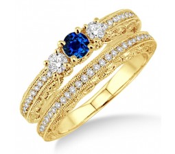 2 Carat Sapphire and Diamond Antique Milgrain Bridal set  on 10k Yellow Gold