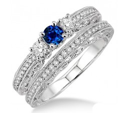 2 Carat Sapphire and Diamond Antique Bridal set  on 10k White Gold