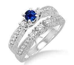 1.5 Carat Sapphire and Diamond Antique Bridal set  on 10k White Gold