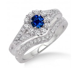 1.5 Carat Sapphire and Diamond Antique Floral Bridal set  on 10k White Gold