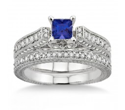 2 Carat Sapphire and Diamond Antique Bridal Set Engagement Ring on 10k Yellow Gold
