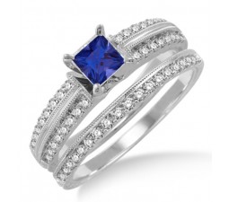 1.5 Carat Sapphire and Diamond Antique Bridal set Ring  on 10k White Gold