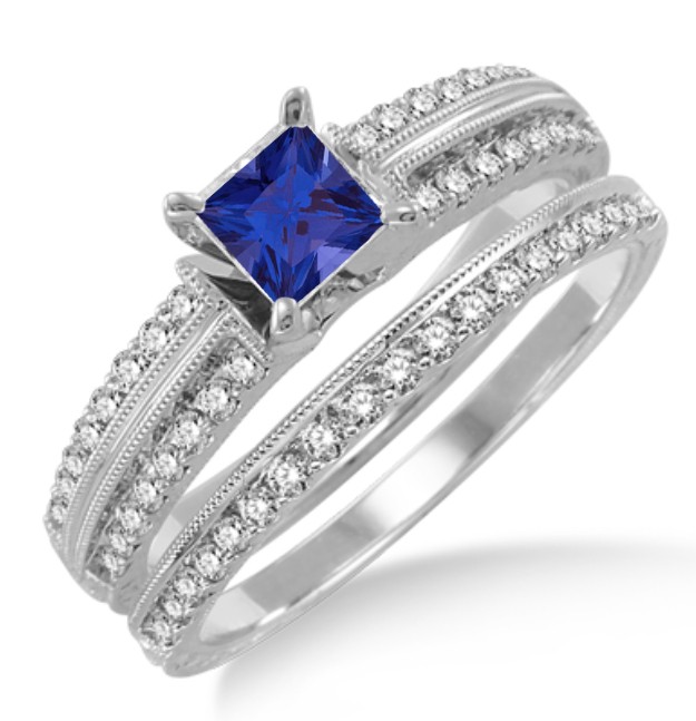 1.5 Carat Sapphire and Diamond Antique Bridal set Ring on 10k White ...