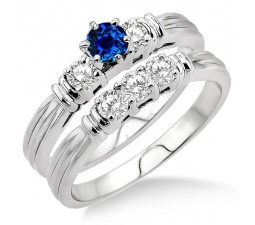 1.25 Carat Sapphire and Diamond Three Stone Bridal Set  on 10k White Gold